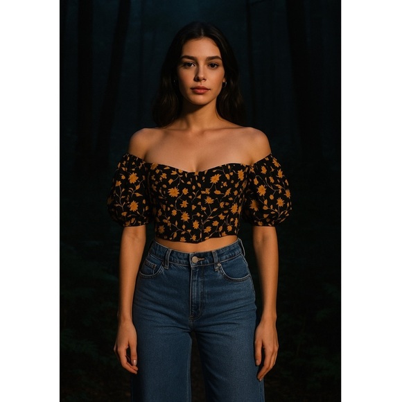 C/MEO Floral Puff Sleeve Crystal Beaded Off Shoulder Corset Bustier Crop Top XXS - Picture 1 of 6
